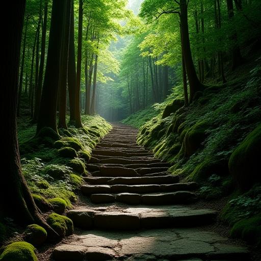 Ancient stone steps of the Kumano Kodo pilgrimage trail winding through a dense forest.
